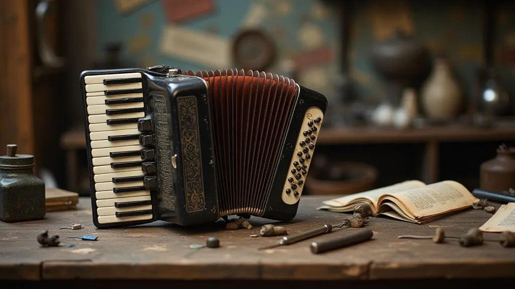 Vintage accordion on a workbench