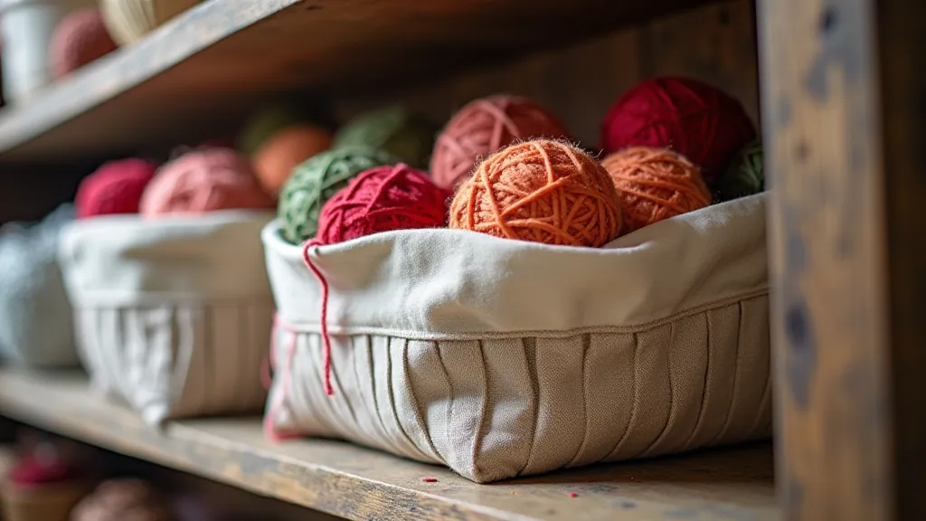Fabric storage basket filled with yarn