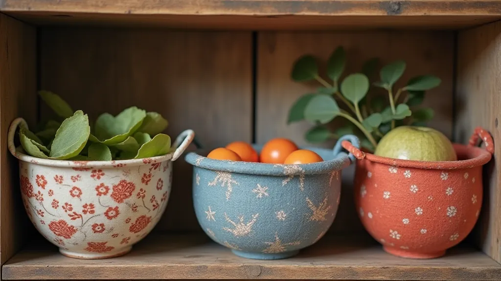 Finished fabric bowls on display