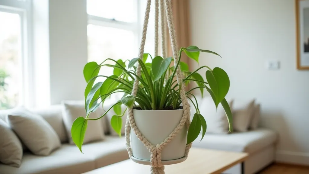 Finished macrame plant hanger with a plant
