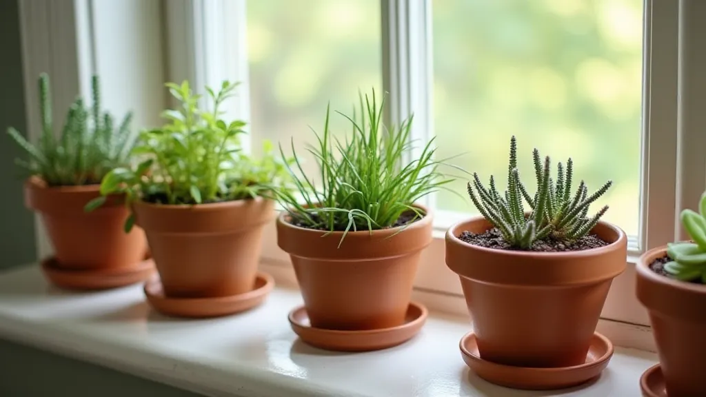 Finished display of painted terra cotta pots with plants