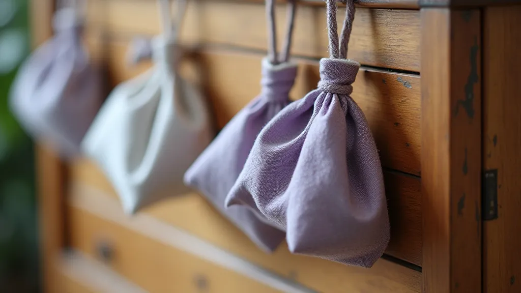 Finished lavender sachets hanging from a drawer