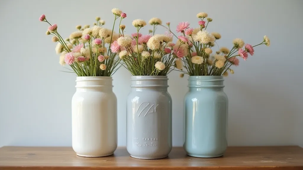 Arrangement of three painted mason jar vases with wildflowers