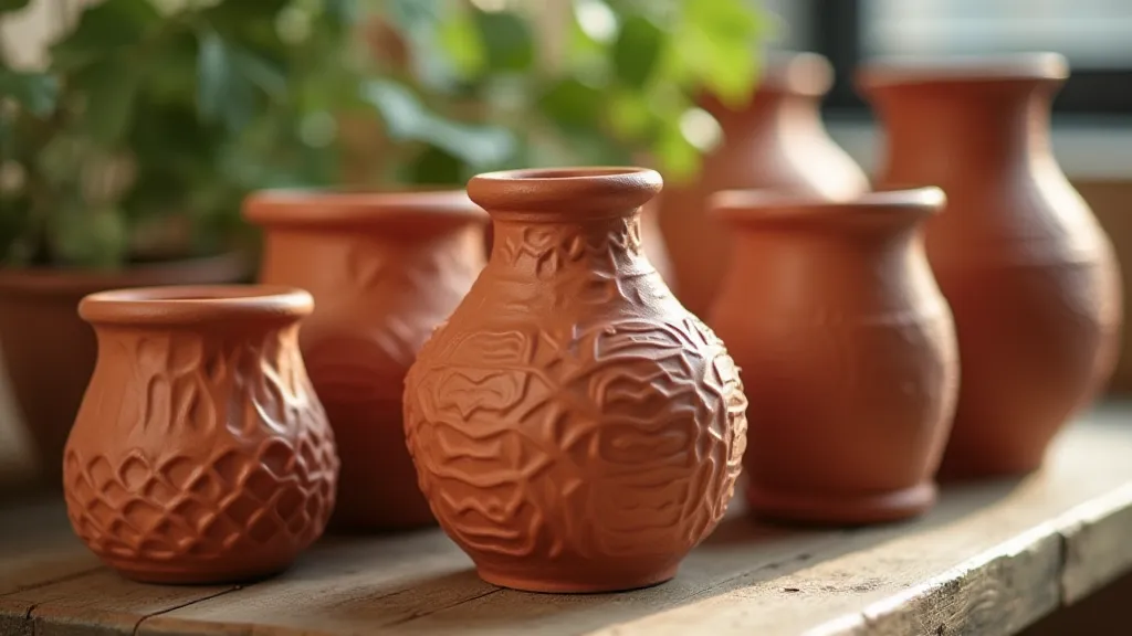 Selection of painted terra cotta pots with geometric designs