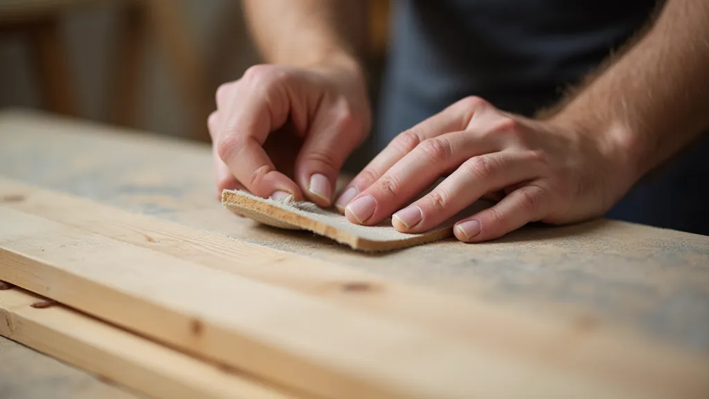 Hands sanding wood plank