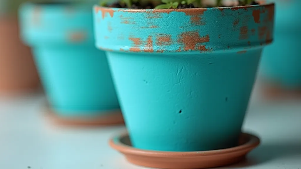 Terracotta flower pot painted turquoise
